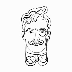 Sketch of a learned man with a mustache and a pince-nez. vector illustration in retro style. Black and white image. for logos, icons, and avatars in social networks.