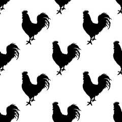 Seamless pattern with roosters. Silhouettes of cocks. Decorative background.