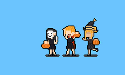 Pixel art cartoon group of girl with halloween costume.