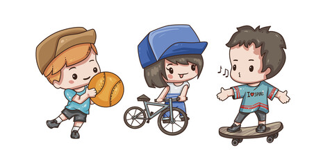 Vector illustration of cute chibi character in various pose isolated on white background. Collection of cartoon boyand girl in sportswear isolated on white background.