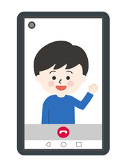 Boy having video call on smartphone. Vector illustration isolated on white background.