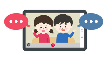 Children with speech bubbles sitting on the sofa and having video call on tablet or smartphone. Vector illustration isolated on white background.