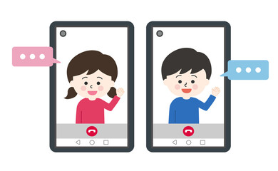 Boy and girl having a video call  on tablet or smartphone. Vector illustration with speech bubbles isolated on white background.