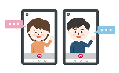 Man and woman having a video call  on tablet or smartphone. Vector illustration with speech bubbles isolated on white background.
