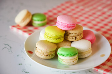 Macarons on plate in Marble table