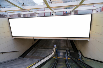 Mockup image of Blank billboard white screen posters and led in the subway station for advertising...