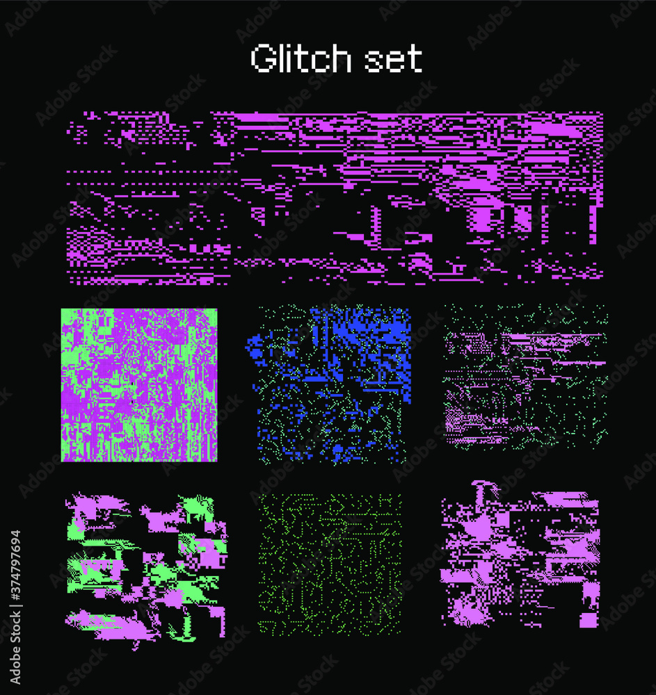 Poster Bundle of glitch overlays. Computer screen error, digital pixel noise design.