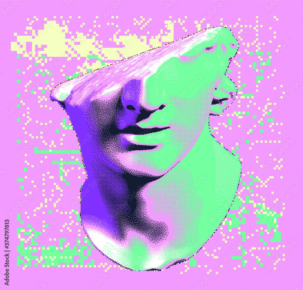 Poster fragmentary marble of plaster bust in bitmap pixel art style. vaporwave and cyberpunk aesthetics fro