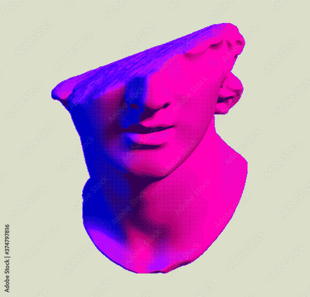 Poster fragmentary marble of plaster bust in bitmap pixel art style. vaporwave and cyberpunk aesthetics fro
