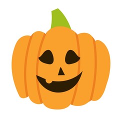 Cute cartoon halloween pumpkin. Orange vegetable with opened eyes and smile with one tooth. Green tail. Best for october day design. Vector illustration isolated on white.