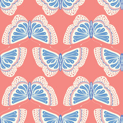 Butterfly pattern design. Cute vector seamless repeat insect background illustration in orange and blue.