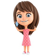 Cartoon character little girl talking and showing thumb up on a white background. 3d render illustration.