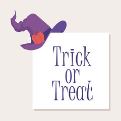 Trick or treat Halloween saying card design, flat vector illustration isolated.