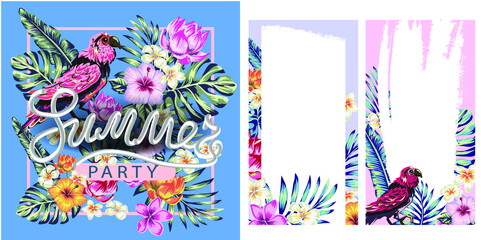 
tropical flowers and palms summer banner graphic exotic background, design templates. Invitation. Catalog cover. Banner. banner, social media message.