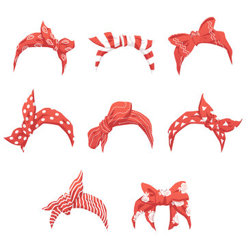 Set of red headband or bandana for women realistic vector illustration isolated.