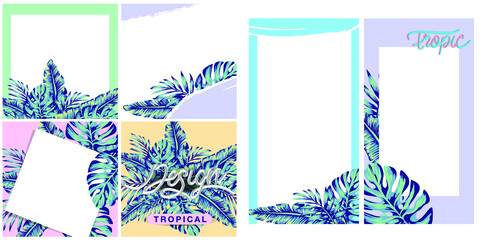 
tropical flowers and palms summer banner graphic exotic background, place for photo and text. Editable templates for social media stories. combine with your photos. Idea for brochures and banners.