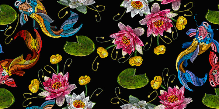 Koi carp, pink and white lotuses and water lilies. Template fashionable clothes. Embroidery fish and water flowers seamless pattern, japanese art