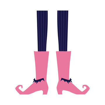 Cartoon witch legs wearing pink boots with high heel and curled toes