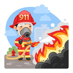 Cartoon Firefighter Extinguishes a Fire
