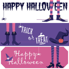 Halloween banner set with witch legs and hat - Trick or treat holiday symbols