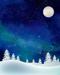 冬の景色：水彩　冬　景色　山　雪　雪山　星　夜空　キラキラ　ミルキーウェイ
