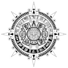 Aztec maya tribal tattoo design. Stylized warrior face and decorate elements on white background.