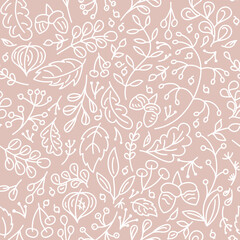 Monochrome pastel seamless pattern with berries, acorns and oak leaves and twigs .