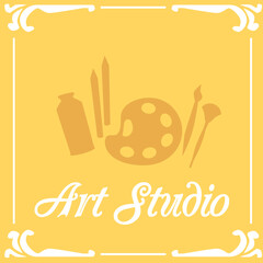 Vector flat design of card for an art studio with an image of drawing tools.