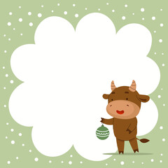 Cute vector Christmas bull holding a Christmas tree toy. New Year's greeting cards. Templates for the holiday. Flat cartoon illustration on light background with snowflakes