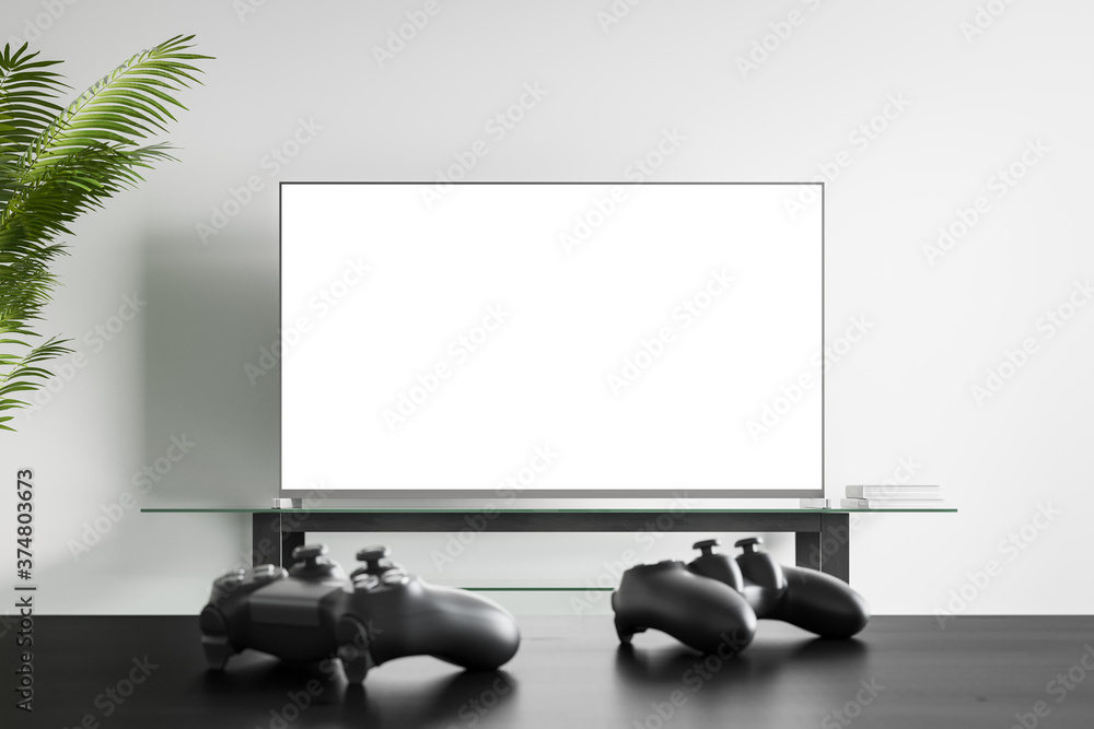 Poster two game gamepads in front of blank white tv screen. concept of playing game console. mock up. 3d re