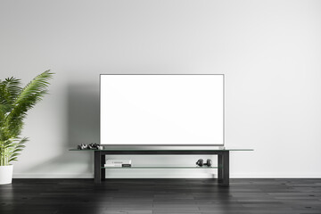 Blank white TV screen on the background of the white wall of the apartment. Television advertising concept. Mock Up. 3d rendering