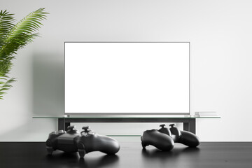 Two game gamepads in front of blank white TV screen. Concept of playing game console. Mock Up. 3d rendering © katestudio