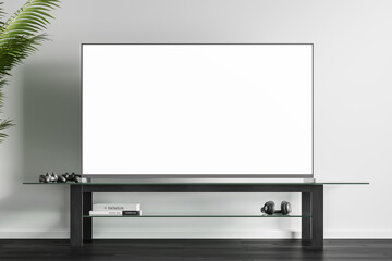Blank white screen of modern TV on a glass shelf in the living room against the background of a white wall. Layout. 3d rendering