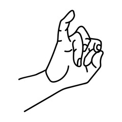 Isolated black hand line on a white background. The hand is holding something with its fingers, 