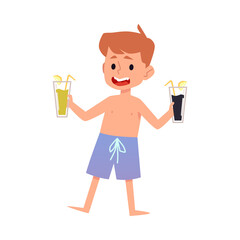 Little boy in swimming shorts with drink, flat vector illustration isolated.