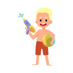 Boy character ready for fun in swimming pool flat vector illustration isolated.