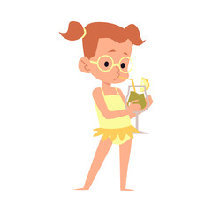 Cute little girl in swimsuit with summer drink flat vector illustration isolated.