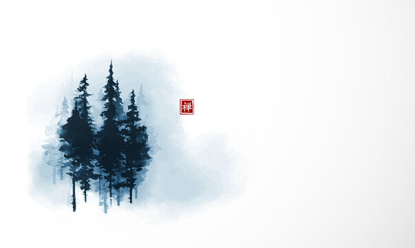 High blue pine trees in fog. Traditional oriental ink painting sumi-e, u-sin, go-hua. Translation of hieroglyph - zen