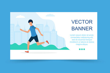 Running landing page template. Man running in the park. Illustration for marathon, city run, training, cardio exercising