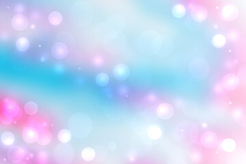 Hello spring background. Abstract bright spring or summer landscape texture with natural pink bokeh lights and stars on blue sky. Beautiful backdrop with space.