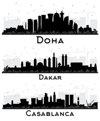 Doha Qatar, Dakar Senegal and Casablanca Morocco City Skyline Silhouettes with Black Buildings Isolated on White.