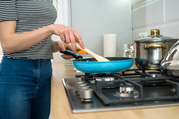 Woman cooking food on kitchen with frying pan on plate, fresh delicious dinner