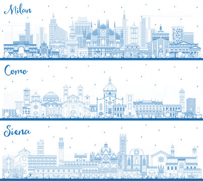 Outline Milan, Como and Siena Italy City Skyline with Blue Buildings.