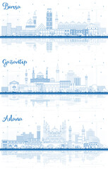 Outline Adana, Bursa and Gaziantep Turkey City Skylines with Blue Buildings and Reflections.