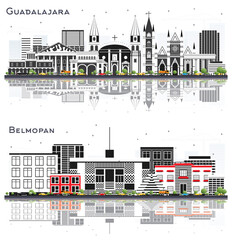 Fototapeta premium Belmopan Belize and Guadalajara Mexico Skylines with Gray Buildings and Reflections Isolated on White.