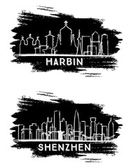 Shenzhen and Harbin China City Skyline Silhouettes. Hand Drawn Sketch.