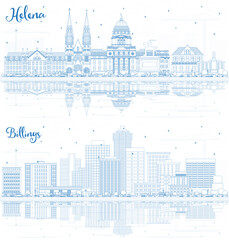 Fototapeta premium Outline Helena and Billings Montana City Skylines with Blue Buildings and Reflections.