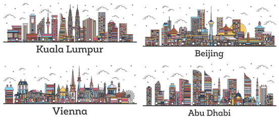 Naklejka premium Outline Kuala Lumpur Malaysia, Abu Dhabi UAE, Beijing China and Vienna Austria City Skylines with Color Buildings Isolated on White.