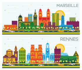 Rennes and Marseille France City Skylines with Gray Buildings and Blue Sky.