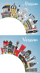 Verona and Messina Sicily Italy City Skylines with Color Buildings, Blue Sky and Copy Space.